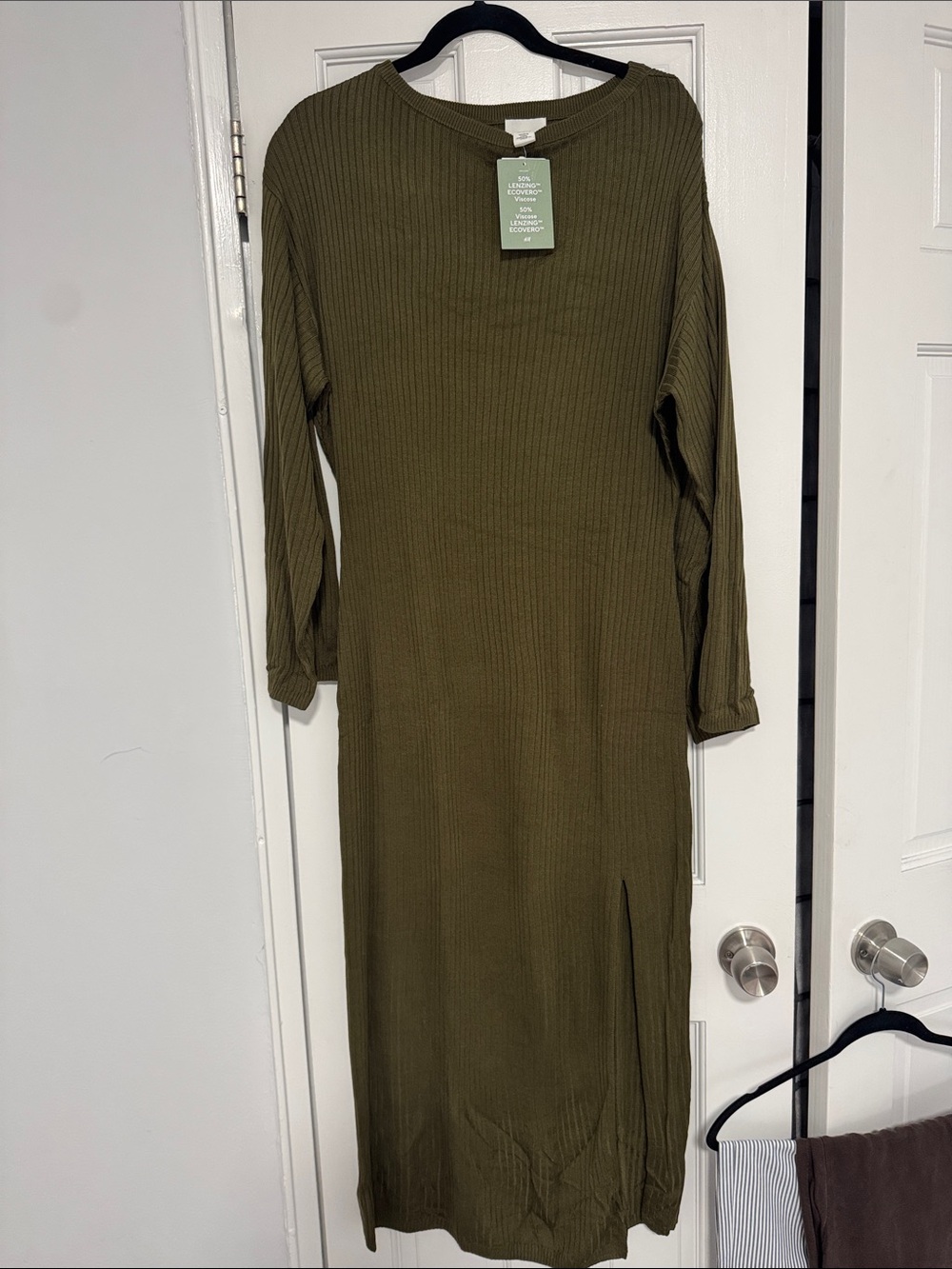H&M Olive Ribbed Maxi Dress with Side Slit